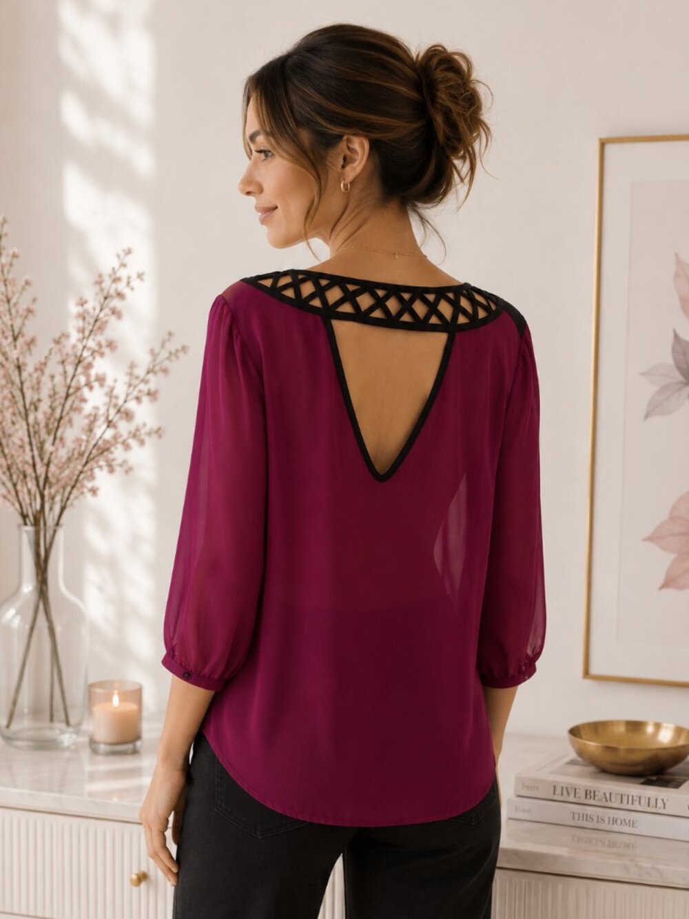 A. Byer Burgundy V-Neck 3/4 Sleeve Blouse | Size XL
